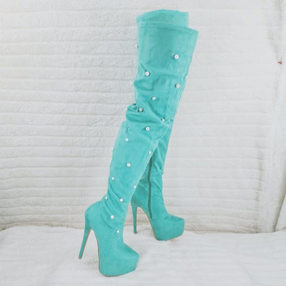 Mint Green Faux Stretch Suede Platform High Heel Thigh High Boots - Picture 15 of 16